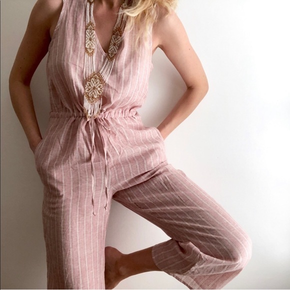 DREW Pants - Drew | Linen Blend Pink Striped Jumpsuit